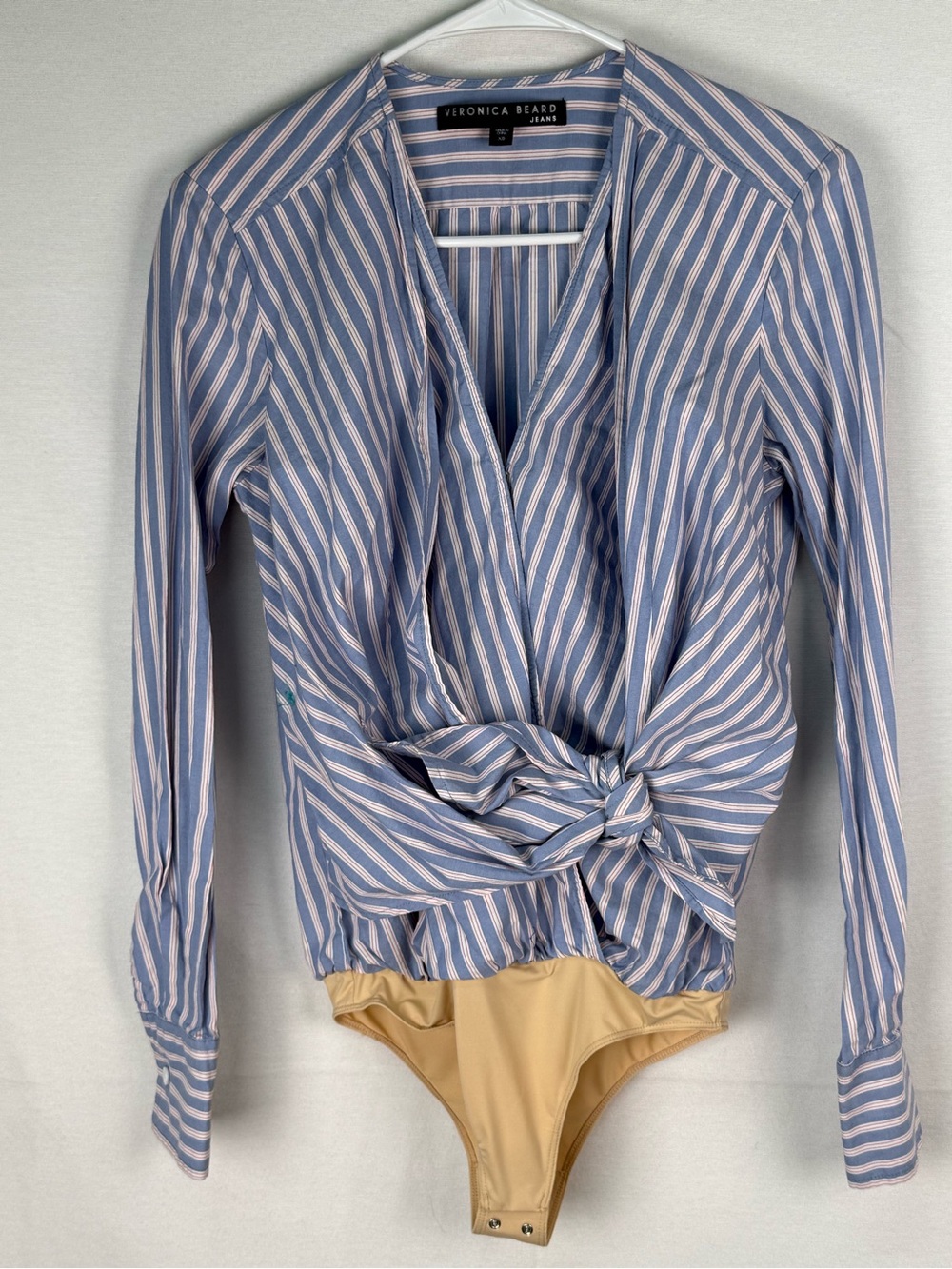 Veronica Beard Blue and White Striped Tie-Waist Bodysuit Blouse with Tan Bottom